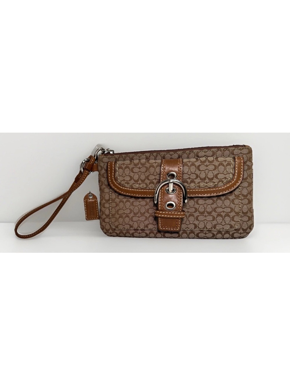 Y2K COACH Hampton Signature Buckle Wristlet Wallet Khaki/Camel Canvas & Leather
